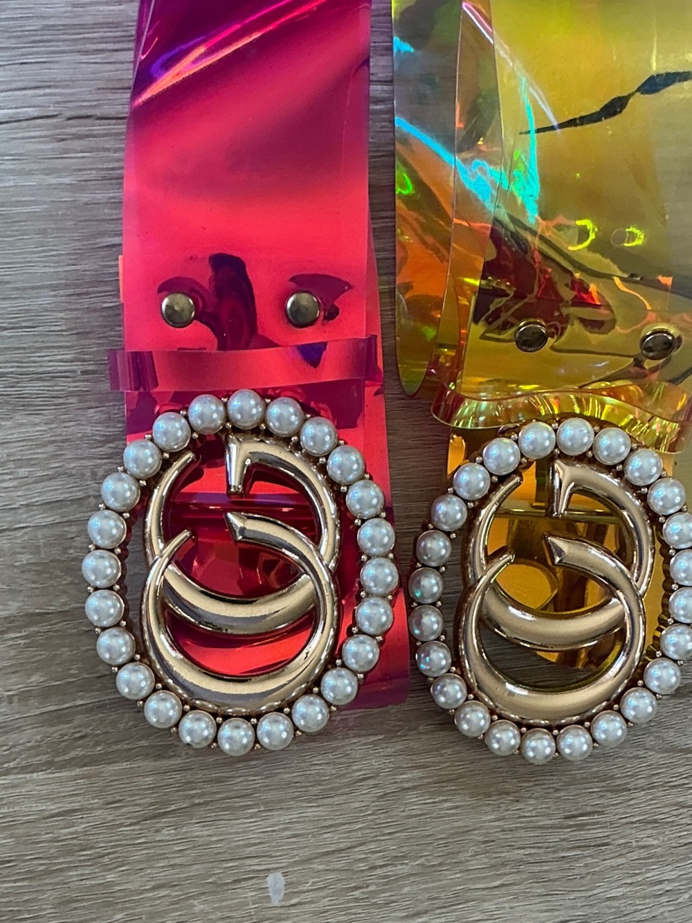 Pearl-Trim Holographic Resin Belt Buckle - Pink